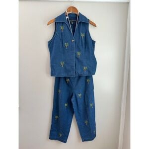 Anne‎ Carson Palm Tree Embroidered Denim Set Women M/8 Blue Vintage Tropical
